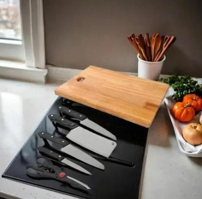 🍽️ All-in-One Wooden Cutting Board 🍞 + 5-Piece Knife Set 🔪