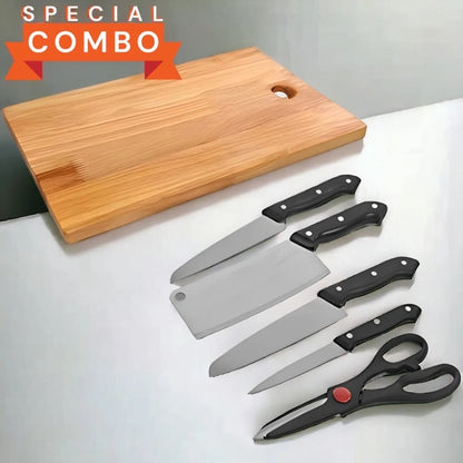 🍽️ All-in-One Wooden Cutting Board 🍞 + 5-Piece Knife Set 🔪